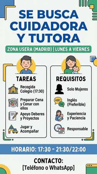 BÚSQUEDA DE CUIDADORA Y TUTORA PARA NIÑOS EN USERA