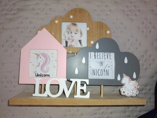 Portafotos Decoración Unicornio Rosa y Gris