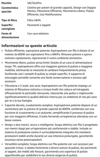 Aspirapolvere VACTechPro 60KPa/600W