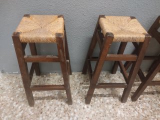 4 Taburetes Bar Rústicos Madera y Mimbre