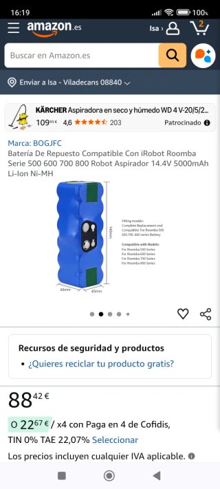 Batería iRobot Roomba 500 a 900 Series.