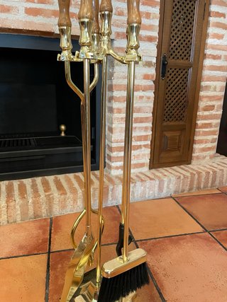 Juego Accesorios Chimenea Madera y Metal Dorado