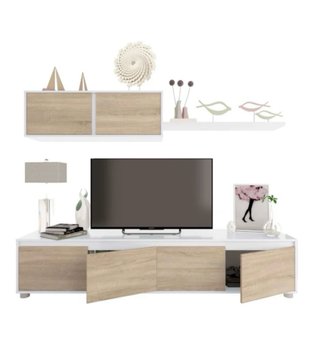 Set salón: mesa, sillas, mueble TV y estantería