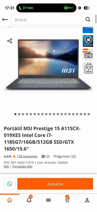 Portátil MSI Prestige 15
