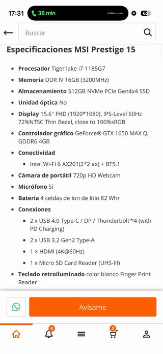 Portátil MSI Prestige 15