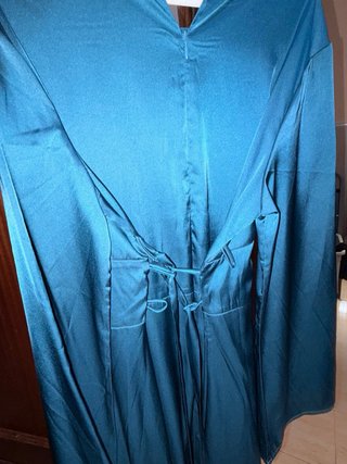Vestido largo satén verde azulado