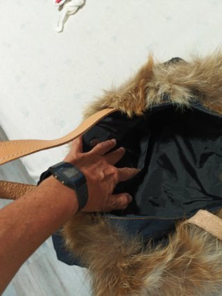Bolso japonés hecho a mano con jeans, cuero y pelo