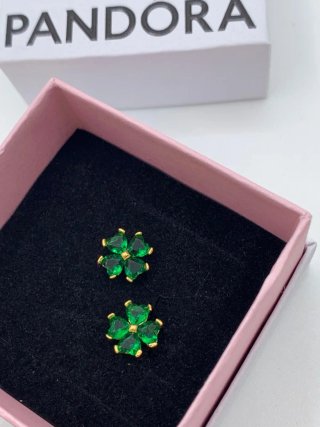 Pendientes Pandora Trébol Verde Dorado