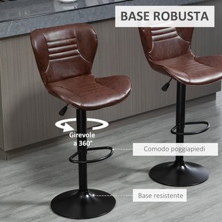 Conjunto de 2 Taburetes Altos de Piel Sintética, Taburetes de Cocina con Altura Ajustable, Asiento Giratorio y Reposapiés, Marrón