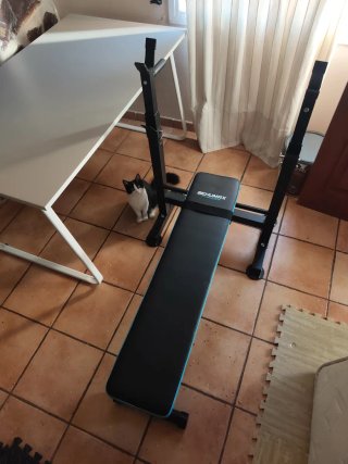Pesas y banco de gimnasio