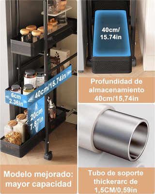 Carrito Cocina Estrecho Negro de Metal