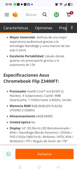 Portátil Asus Chromebook Flip Z3400FT Intel Core