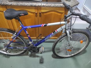 Bicicleta negra con cesta y sillín azul