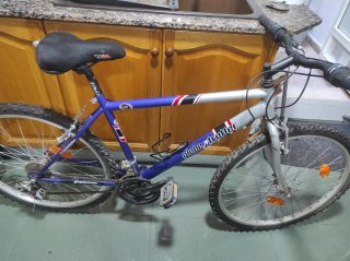 Bicicleta negra con cesta y sillín azul