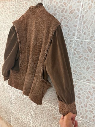 Giacca lana agnello vera pelle scamosciata vintage
