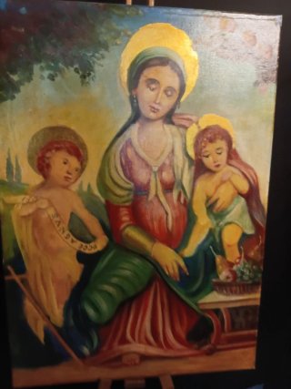 Antico dipinto olio su tela Madonna Bambino