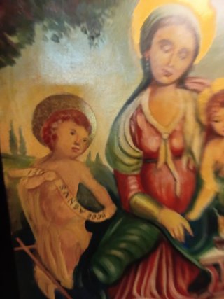 Antico dipinto olio su tela Madonna Bambino