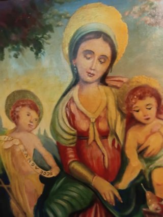 Antico dipinto olio su tela Madonna Bambino