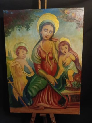 Antico dipinto olio su tela Madonna Bambino