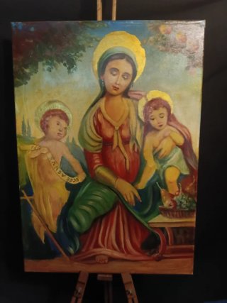 Antico dipinto olio su tela Madonna Bambino