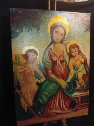 Antico dipinto olio su tela Madonna Bambino