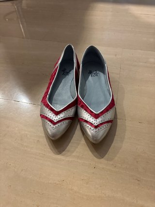 Zapatos planos rojos y plateados de piel