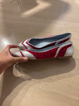 Zapatos planos rojos y plateados de piel