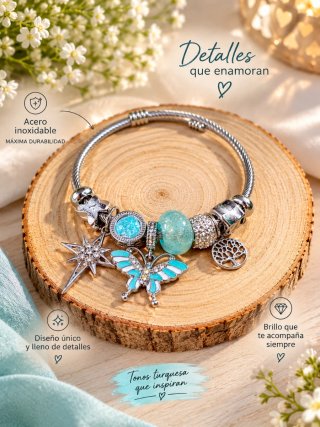 Pulsera con charms mariposa y árbol