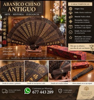Abanico Chino Antiguo Madera Tallada Dorado