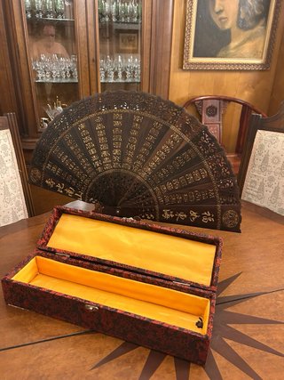 Abanico Chino Antiguo Madera Tallada Dorado