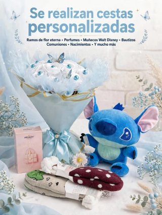 Cesta de rosas eternas y peluche Stitch