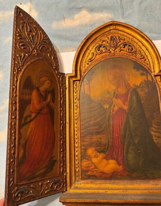 Trittico Devozionale Legno Dorato Stile Neo-Gotico