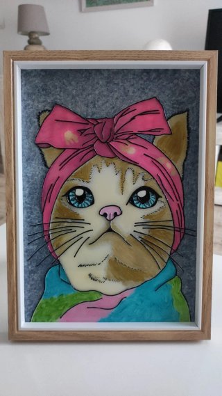 Cuadro Pintura Vidrio Gato con Pañuelo
