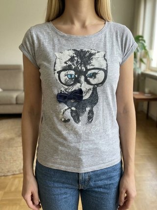 Camiseta gris gato con gafas algodón, talla 36