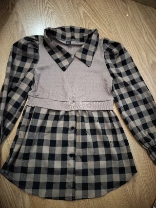 Blusa cuadros y chaleco beige/negro