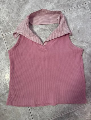 Top rosa punto acanalado cuello rayas