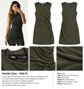 Vestido Zara Verde Caqui Fruncido Talla M