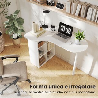 Escritorio Ahorrador de Espacio, Escritorio Pequeño Con 6 Compartimentos, 4 Estantes Regulables Y Tablero Curvo, Mesa de Computadora para Casa, Estudio Y Oficina, 100X59X75.5 Cm, Blanco