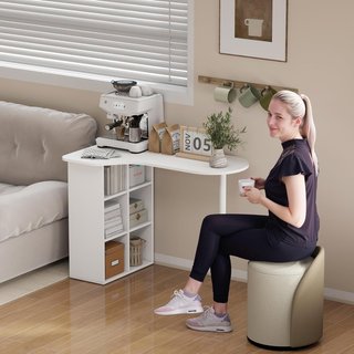 Escritorio Ahorrador de Espacio, Escritorio Pequeño Con 6 Compartimentos, 4 Estantes Regulables Y Tablero Curvo, Mesa de Computadora para Casa, Estudio Y Oficina, 100X59X75.5 Cm, Blanco