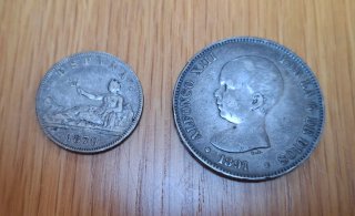 Lote 2 monedas antiguas España 1870 y 1891