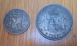 Lote 2 monedas antiguas España 1870 y 1891
