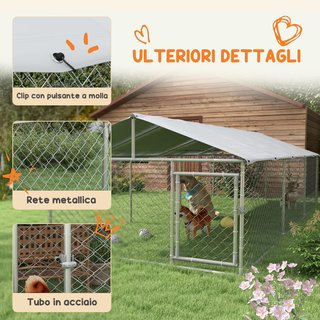 Kennel para Perros de Exterior, Recinto para Animales con Cubierta Impermeable, 400X230X150Cm, Plata y Gris