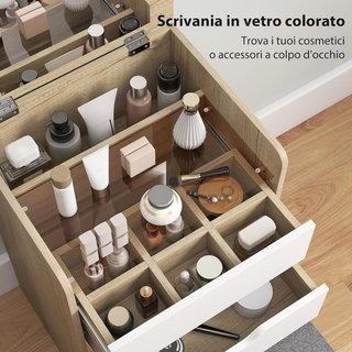 Estación de Maquillaje 3 en 1 Con Espejo Plegable, Taburete Oculto, Tocador de Maquillaje Con Taburete Acolchado con Ruedas, 3 Cajones, Superficie de Vidrio Transparente, Espacio de Almacenamiento...