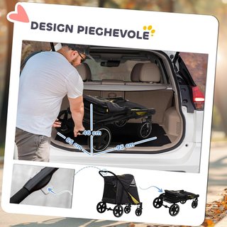 Carrito Plegable para Perros de Tamaño Grande y Mediano con 4 Ruedas, Con Entradas con Cremallera y Ventanas de Malla, Carrito para Animales de Acero y Tela Oxford, 112X65X100 Cm, Amarillo y Negro