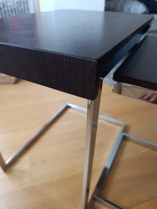 Juego mesas salón acoplables madera y acero inox.