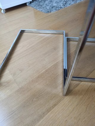 Juego mesas salón acoplables madera y acero inox.