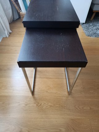 Juego mesas salón acoplables madera y acero inox.