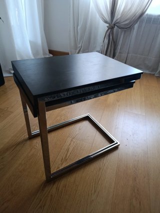 Juego mesas salón acoplables madera y acero inox.