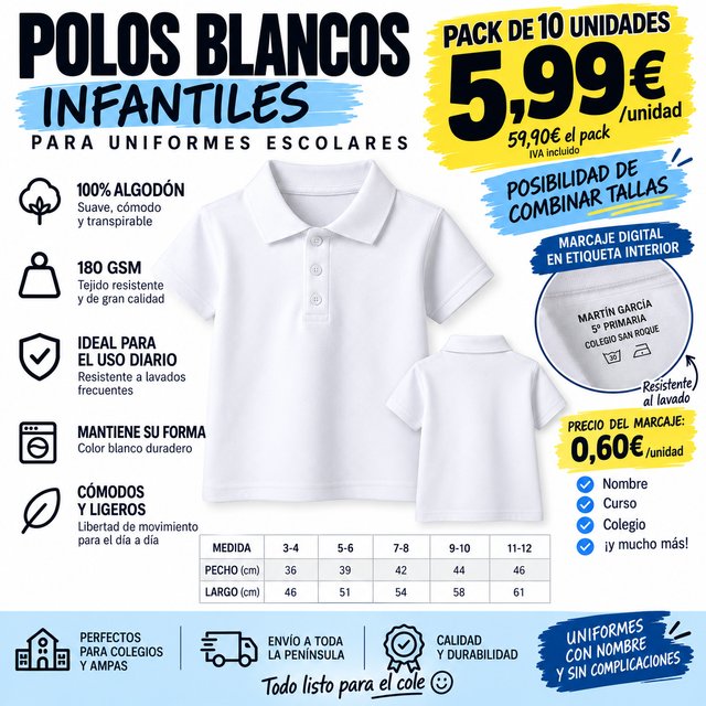 Pack 10 Polos Uniforme Escolar BlancoS