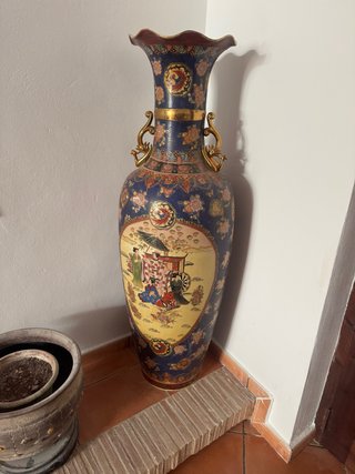 Jarrón Antiguo Chino Porcelana Azul Dorado